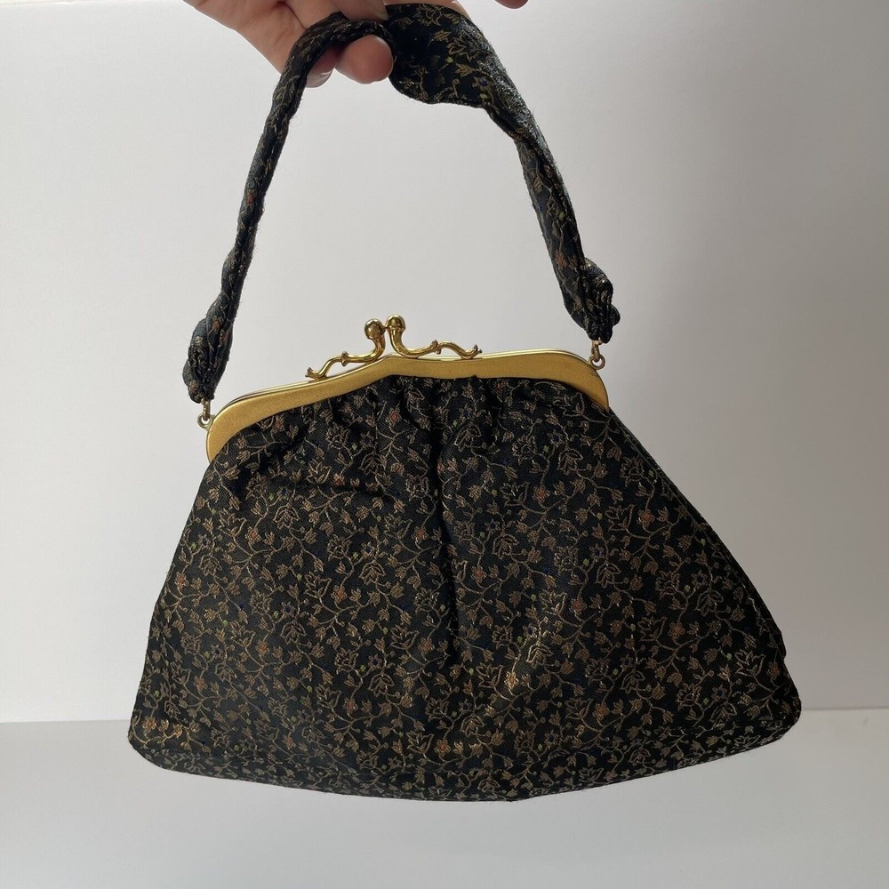 *Rare Find* Vintage JEMCO Black Floral Fabric Hand Bag Small Purse CUTE